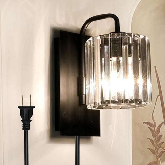 Plug in Sconces, Square Crystal Sconce Black Plug in Wall Sconce Modern Crystal Wall Lamp with On Off Dimmer Cord, Glass Wall Light Fixtures for Living Room Bedroom Hallway Bedside