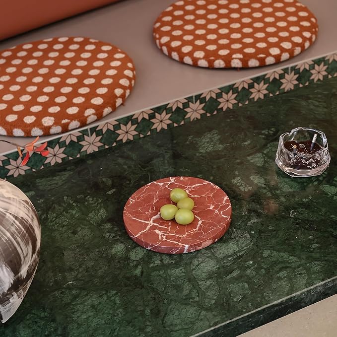 8" Natural Travertine Ring Dish Jewelry Tray for Women Gift - Marble Trinket Dish for Key Earring Nightstand - Candy,Fruit, Nut, Snack Serving Tray for Table, Home Decor (French Red Marble)