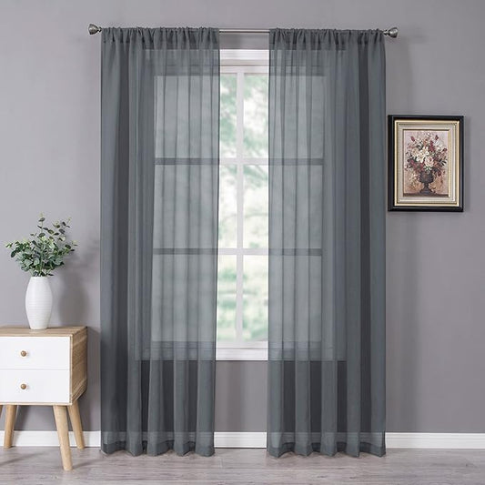 Tollpiz Sheer Curtain Linen Textured Bedroom Curtains Sheer Light Filtering Rod Pocket Voile Curtain for Living Room, 54 x 95 inches Long, Dark Grey, Set of 2 Panels