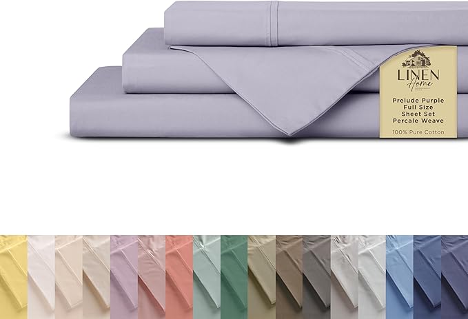 Linen Home 100% Cotton Percale Sheets Full Size, Prelude Purple, Deep Pocket, 4 Pieces Set - 1 Flat, 1 Deep Pocket Fitted Sheet and 2 Pillowcases, Crisp Cool and Strong Bed Linen