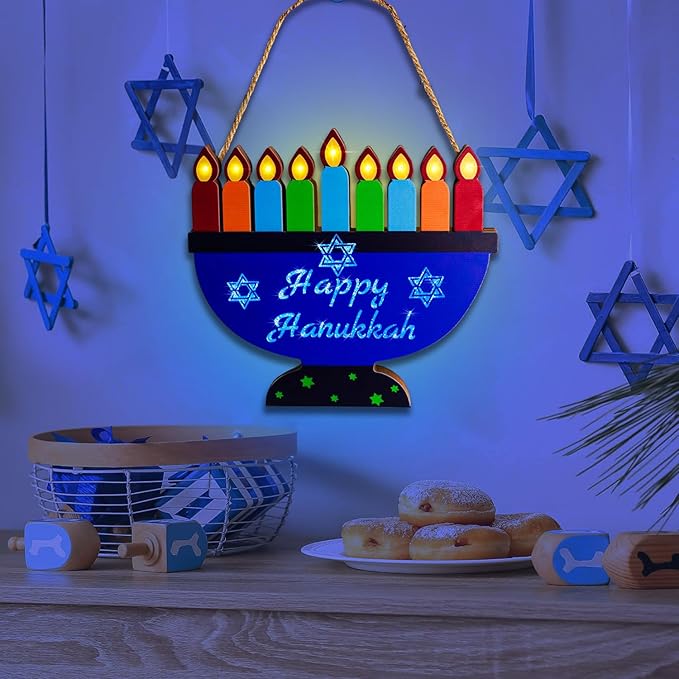 [ Lighted ] Hanukkah Lights Menorah Battery Operated Wooden Happy Hanukkah Door Sign Wreath Blue Lights Star of David for Chanukah Front Door Wall Windows Hanukkah Decorations Jewish Holiday Gifts