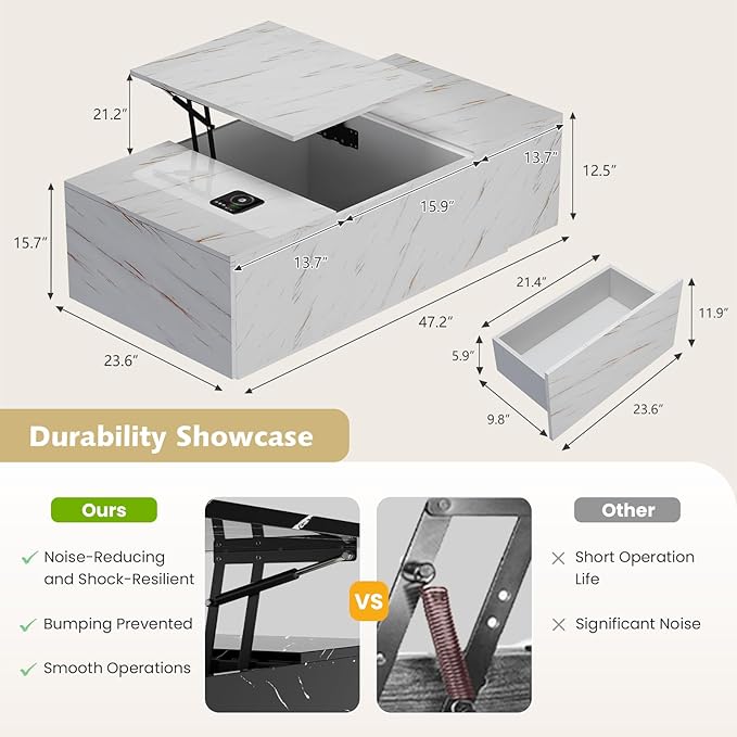 LED Coffee Table, 47.2" Lift Top Coffee Tables with Drawers and Large Storage, Smart Living Room Table with Wireless Charging & Bluetooth Speaker, Dining Center Tables with Storage Shelf