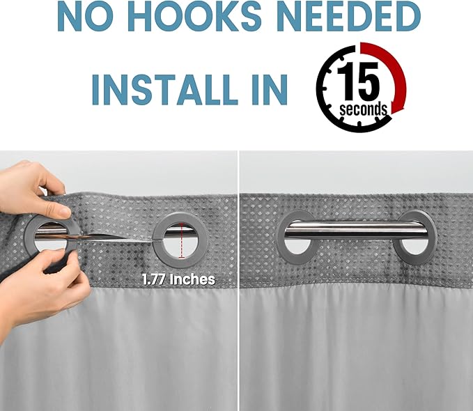 Long No Hook Shower Curtain with Snap in Liner,230GSM Waffle Weave Shower Curtains for Bathroom,71W x 77H(75"),Grey