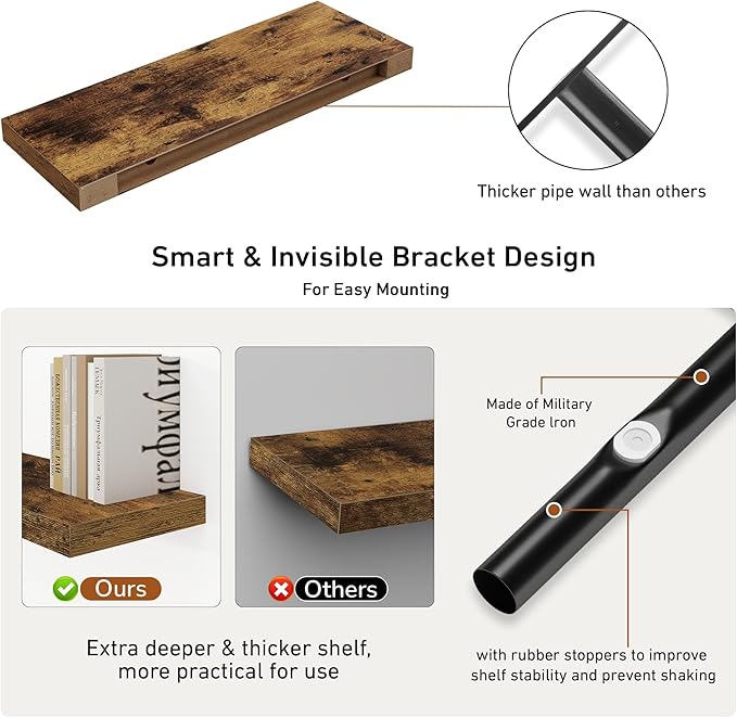 Fun Memories Floating Shelves - 2 Pack 9.3 Inch Deep Rustic Wooden Wall Shelves - Wall Mounted Storage Shelf with Invisible Brackets, 24" W x 9.3" D x 1.6" H - Rustic Brown