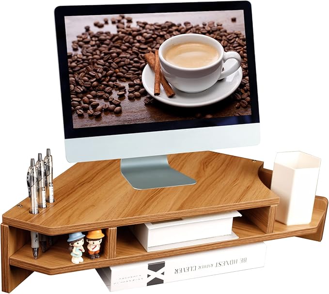 Triangle Monitor Stand Riser, Wooden Triangle Desktop Computer Stand with Office Organization, Walnut Color