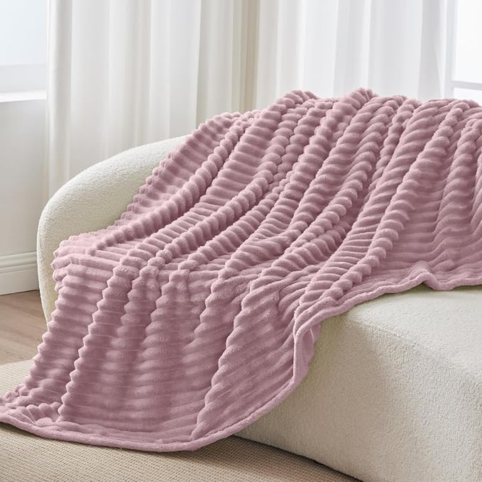 BEDELITE Fleece Throw Blanket for Couch - 300GSM Soft & Warm Fluffy Berry Purple Blanket, Decorative and Giftable Striped Blankets for Women, Men, 50"x60"