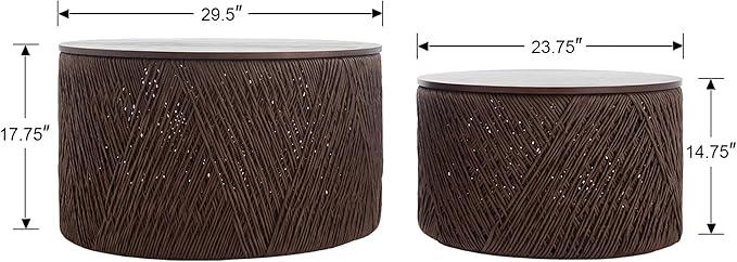 Large Farmhouse Round Coffee Table with Storage Boho Living Room Table Hand-Woven Rattan Nesting Coffee Tables for Living Room, Brown