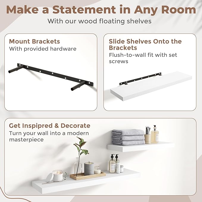 Floating Shelves for Wall with Invisible Brackets, Wall Mounted Engineered Wood Shelves with Wood Grain for Living Room, Bedroom, Bathroom, Kitchen Decor and Storage, Oak, 40"L Set of 2, White