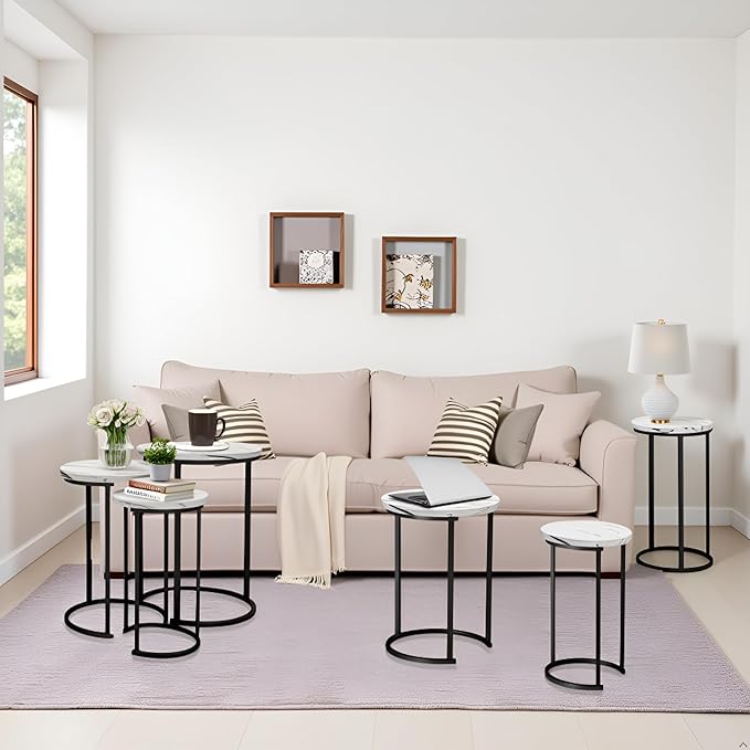 Lavish Home Nesting Tables – Set of 6 Space-Saving Round Side Tables with Faux Marble Tops – Modern Apartment Furniture Accent & End Table Set for Living Room, Bedroom, or Home Office (White)