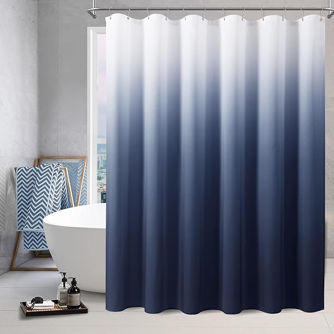 s Blue Shower Curtain for Bathroom, Ombre Navy Blue Textured Linen Fabric Shower Curtain Set, Men Coastal Nautical Accessories Decor Water Repellent Bath Curtains