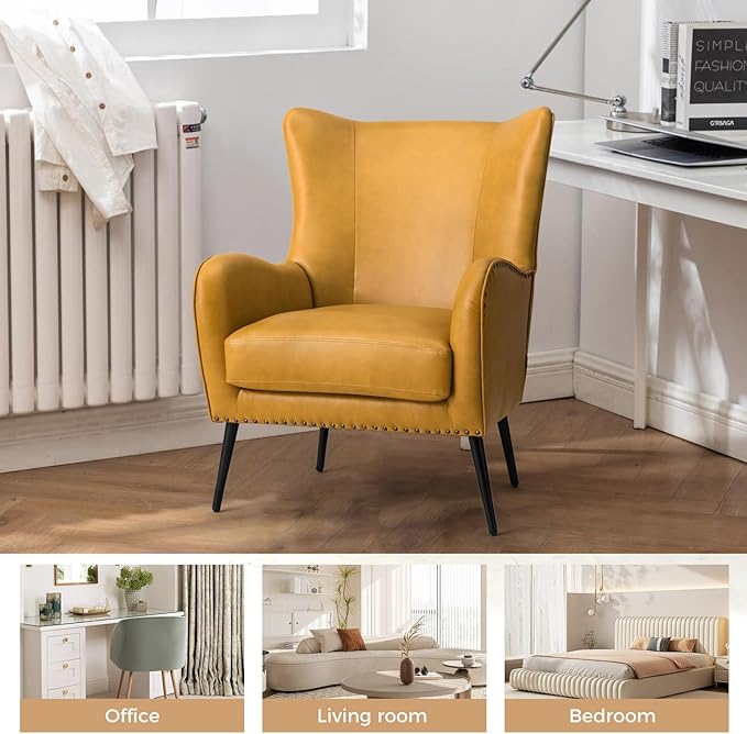HULALA Home Faux Leather Accent Chair w/Removable Cushion, Comfy Upholstered Armchair with Black Metal Legs & Nailhead Trim Wingback Vanity Chair Desk Chair for Reading Living Room Bedroom, Yellow