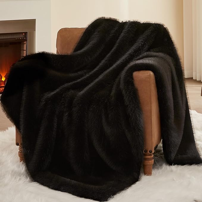 L'AGRATY Faux Fur Throw Blanket: 60''x 80'' Luxury Fluffy Plush Thick Faux Fur Blanket for Bed Couch Sofa - Cozy Soft Fuzzy Blankets for Women Man: Minky Couture Decoration Blanket (Black)