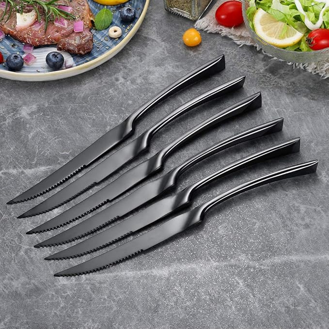 Lemeya Stainless Steel Black Steak Knives Set of 6,Forge Steak Knife,Serrated Steak Knives Set,6 Piece Heavy Steak Knives-10 inch,Mirror Polished,Dishwasher Safe