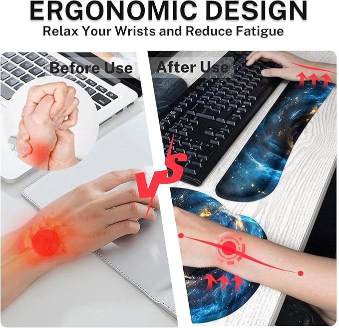 Britimes Blue Black Galaxy Space Mouse Pad 3pcs Set with Wrist Support Non-Slip Rubber Base Ergonomic Pad,Mouse Wrist Cushion Support and Coasters for Home Office Gaming Easy Typing & Pain Relief