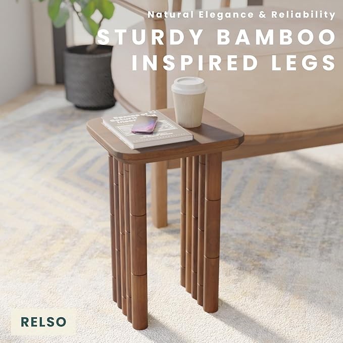 Bambos End Table - Solid Mango Wood Side Table with Bamboo-Inspired Legs | Handcrafted Accent Table for Living Room, Bedroom, Entryway | Easy Assembly, Sturdy, Compact & Durable Design | Walnut Finish