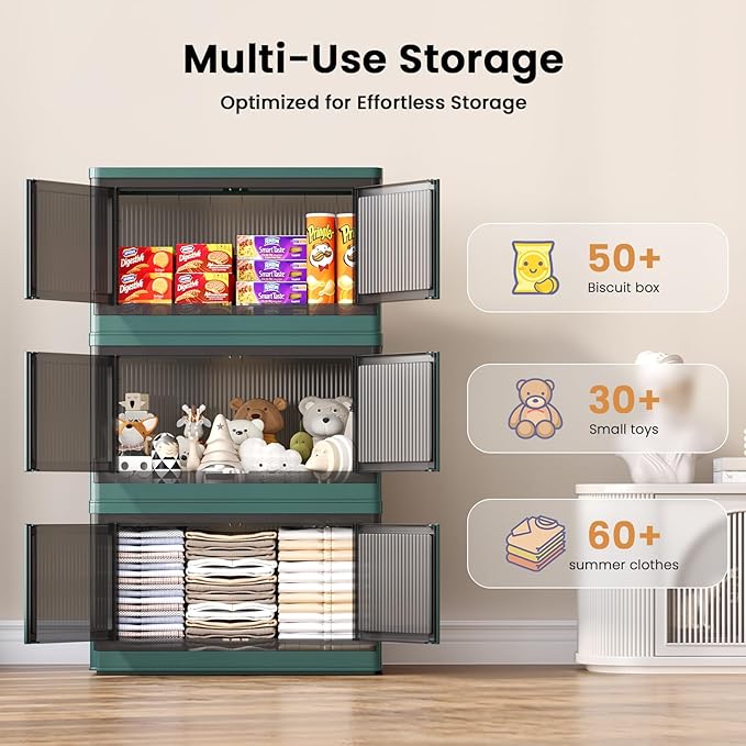 19Gal Collapsible Storage Bins with Lids & Wheels - 1 Pack Stackable with Doors, Heavy-Duty Plastic Containers for Home/Office, Green