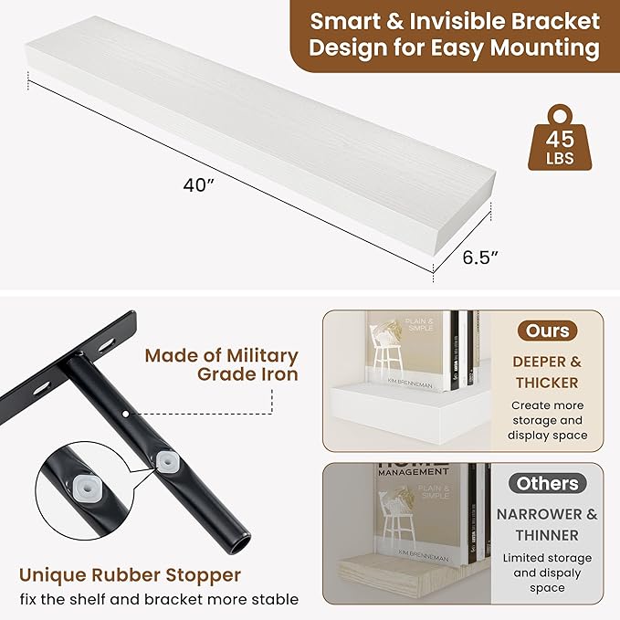 fuqing Floating Shelves for Wall, Bathroom Shelf Wall Mounted for Storage, Shelves with Invisible Bracket for Bedroom, Kitchen, Living Room, Farmhouse Small Book Shelf, 40 Inch Set of 2, White