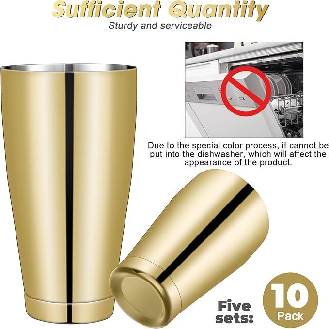 Lallisa 10 Pieces Cocktail Shakers Professional Bar Boston Shaker Set Stainless Steel Martini Shaker Drink Mixer Basic Tools Weighted Shake Metal Can for Bartenders, 18 Oz, 28 oz(Gold)