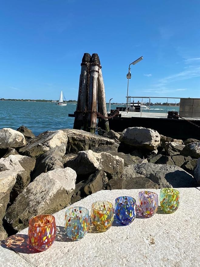 MAZZEGA ART & DESIGN - Set of 6 Handcrafted Blown Glass Water Glasses with Refined and Original Murano Murrine - The Colors of Murano - 'Classic 9,8 oz' Model. Made in Italy (6, Light Blue)