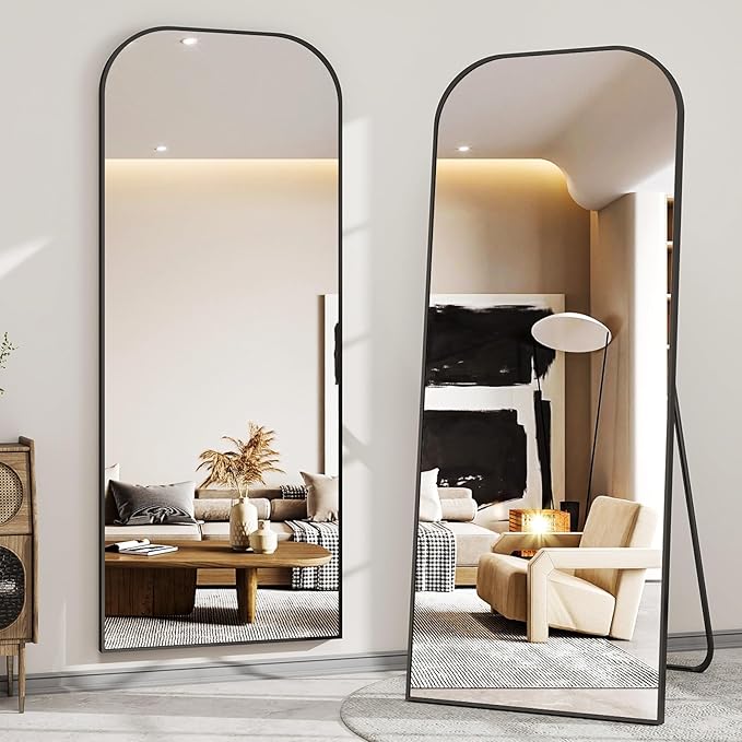 56x21 Inch Full Length Mirror - Large Floor Standing & Wall Mountable Full Body Mirror with Sturdy Aluminum Frame, Arched Top Design, Freestanding or Hanging for Bedroom, Living Room, Cloakroom,Black