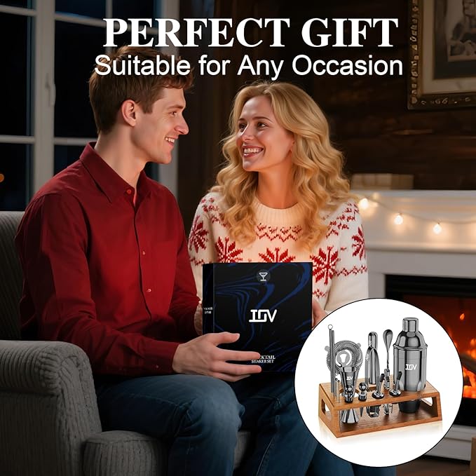 IOV Cocktail Shaker Set Bartender Kit with Stand | Bar Set Drink Mixer Set Includes Martini Shaker, Jigger, Strainer, Mixing Spoon, Muddler, Recipe Book | Home Bar Accessories Gift Set (Black)