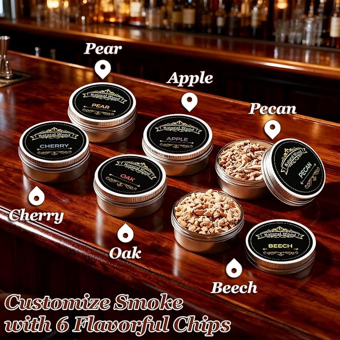Whiskey Smoker Kit, Electric Cocktail Kit with 6 Flavors Wood Chips Old Fashioned Drink Smokers Infuser Set Anniversary Birthday Christmas Bourbon Gifts for Men Dad Husband (NO Butane Needed)