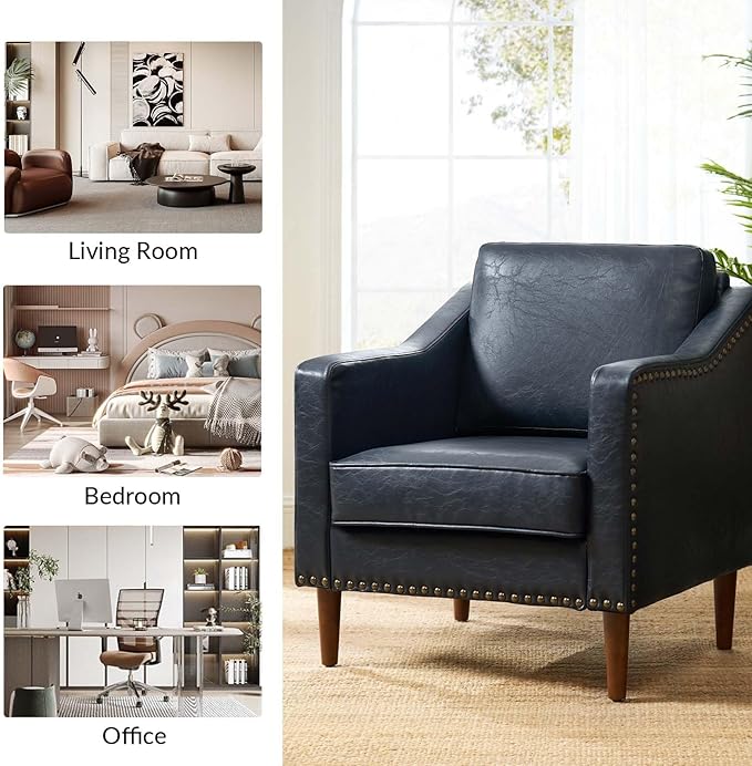 HULALA HOME Faux Leather Accent Armchairs Set of 2 with Back & Seat Cushions, Traditional Club Chairs with Nailhead Trim, Comfy Upholstered Sofa Chairs for Living Room Bedroom, Navy