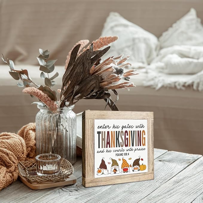 Thanksgiving Decoration, Enter His Gate with Thanksgiving Sign, Farmhouse Front Door Decor, Living Room Decors, Wooden Decorative Fall Sign, Housewarming Decors, Hostess Gift, 5.9X5.9X0.7inches