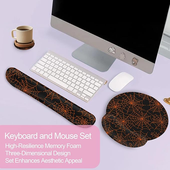 Halloween Spider Web Ergonomic Wrist Support Keyboard Mouse Wrist Rest Set, Computer Office Comfortable Wrist Rest for Mouse Easy Typing