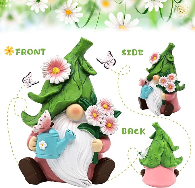 Spring Daisy Garden Gnome Figurine - 5.9'' Reisn Floral Gnome Garden Decorations Indoor Outdoor, Bright Summer and Fall Decor, Summer & Retirement Gifts for Women