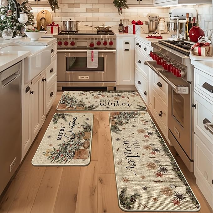 Artoid Mode Holly Ornament Merry Christmas Kitchen Mats Set of 2, Winter Home Decor Low-Profile Kitchen Rugs for Floor - 24"x36"+24"x59"+24"x72"