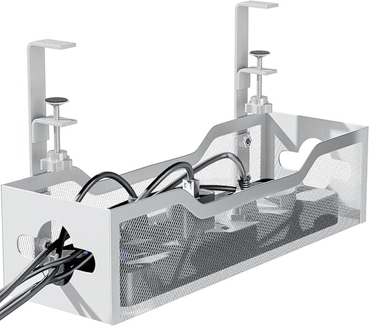 Under Desk Cable Management Tray 13.38", Quszmd Cable Organizer No Drill, Standing Cord Organizer and Wire Management Tray - No Damage to Desk, White