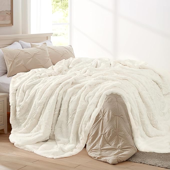 TOONOW Faux Fur Luxury Throw Blanket,Double Side Soft Fluffy Shaggy Fuzzy Blanket for Couch Sofa Bed (Cream White, Queen Size)