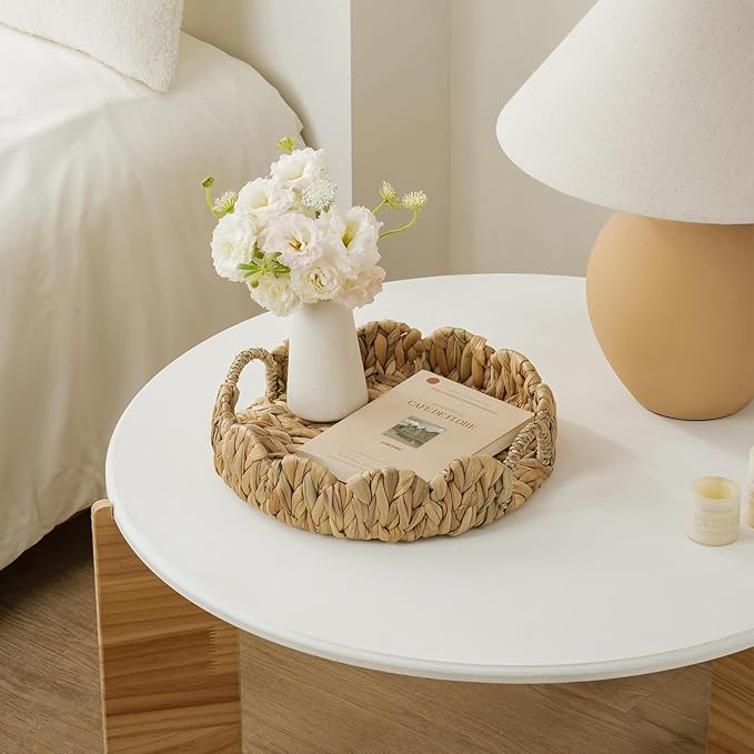 Round Wicker Scalloped Serving Tray with Handles - Seagrass Handwoven Trays,Water Hyacinth Tray for Home Decor and Living Room, Dining Table, Bathroom Organizing, 12.9" L x 12.9" W x 3.5" H