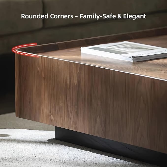 Luxury Solid Wood Coffee Table with Hidden Drawer, Fully Assembled Square Center Table for Living Room, Raised Edge Design, No Installation Needed, Premium Walnut Finish (35.43" Square Coffee Table)