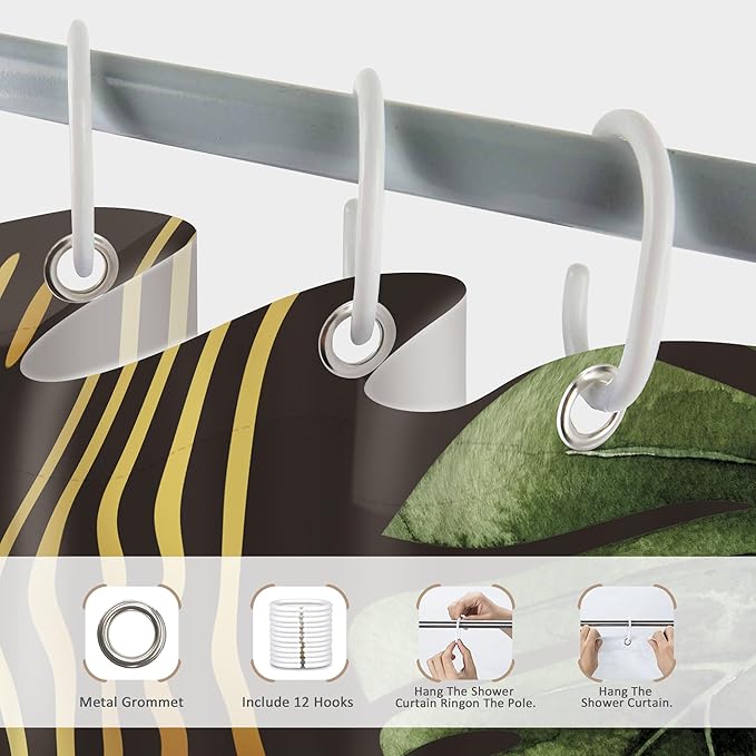 Glawry Dark Green Gold Boho Mid Century Shower Curtain Extra Long Abstract Minimalist Geometric Tropical Modern Leaf Bathroom Simple 72Wx78L Inches Bath Accessories Art Home Decor Fabric 12 Pack Hook