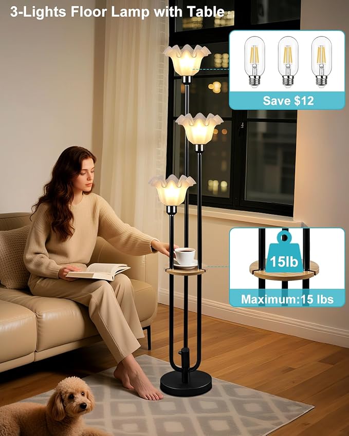 Lightdot Flower Floor Lamp for Living Room, Dimmable Vintage Floor Lamp with Shelf &3 LED Bulbs, 3 Light 3000K Soft Warmwhite Mid Century Black Standing Lamp, Floral Tall Lamp for Bedroom Office