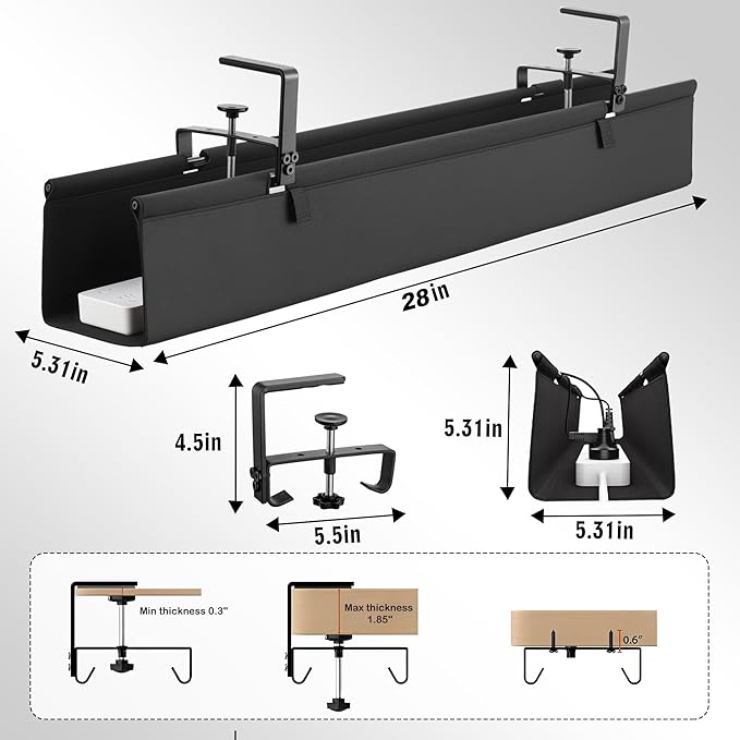 No Drill Large Under Desk Cable Management Tray, Fabric Cord Hider for Wire Organizer, Clamp/Screw Mount Cord Organizer, Standing Desk Cable Management for Office Home (28 INCH)
