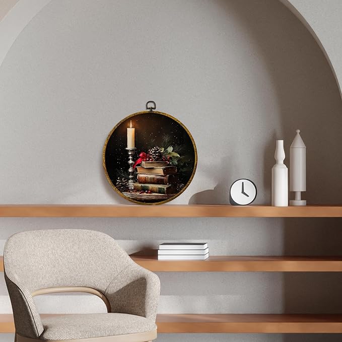 CUANFDDSF Vintage Moody Christmas Book Round Wall Art, Rustic Christmas Candle Bookish Framed Hanging Wall Decor, Cozy Xmas Winter Canvas Prints Decorations for Home Library Reading Room, 10x10 Inch
