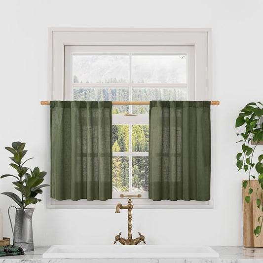 LAMIT Olive Green Linen Kitchen Curtains 24 Inch Length, Semi Sheer Light Filtering Window Panels Back Tab and Rod Pocket Drapes for Basement/Small Windows, 25 x 24 Inch, 2 Panels