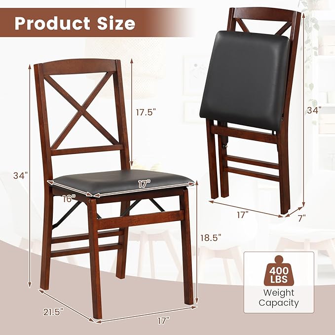 COSTWAY Folding Dining Chairs Set of 4, Upholstered Wooden Dining Room Chairs with X-Shaped Back, 400LBS Capacity and Solid Wood Frame for Kitchen Apartment (Brown & Black)