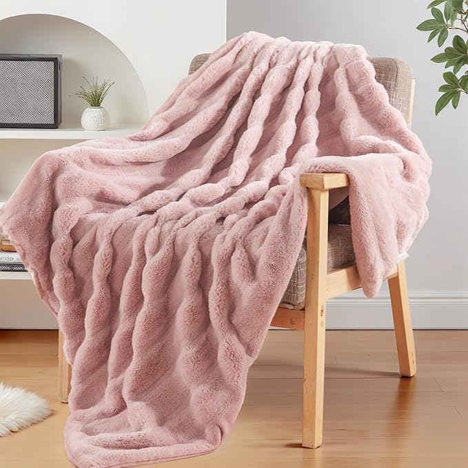 NEXHOME PRO Faux Fur Throw Blanket Pink, Luxury Soft Decorative Cozy Plush Long Shaggy Fluffy Blanket for Sofa Couch Bed Living Room, Reversible Puffy Thick Warm Blanket for Winter, 50"X60"