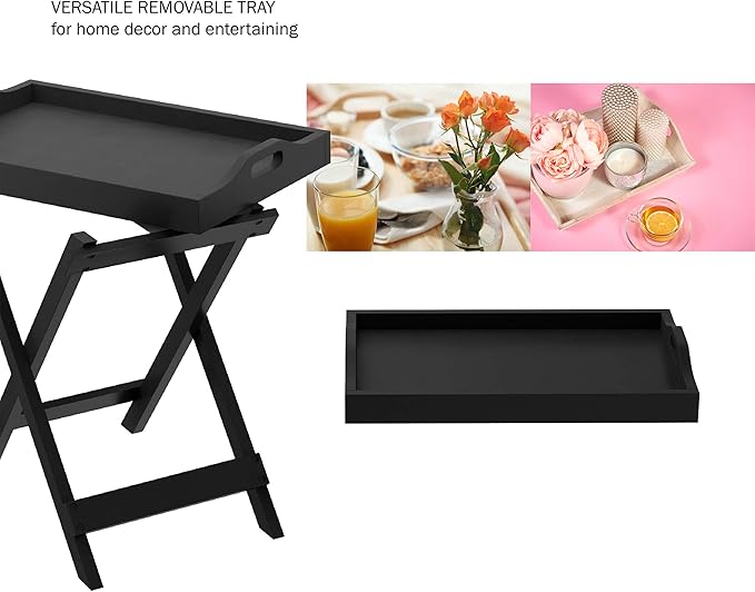 Folding TV Tray Table - Contemporary Side Table with Removable Tray Top for Food Serving, Decor, or Meals - Portable End Furniture for Living Room, Bedroom, or Home Office by Lavish Home (Black)