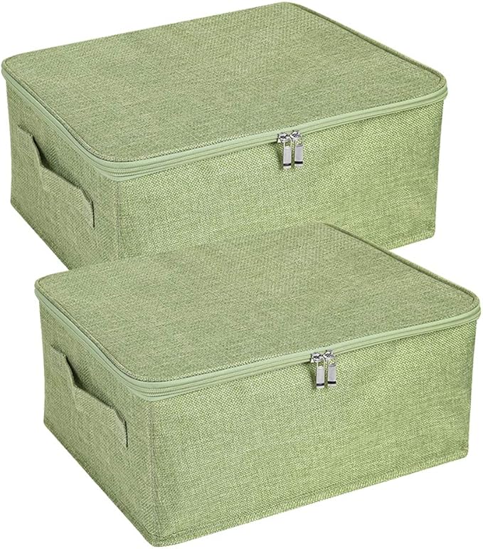 ANMINY 2PCS Storage Bins with Zipper Lids 13 Qt Lidded Fabric Storage Boxes Baskets Cubes with Handles Collapsible Washable Cotton Linen Closet Shelf Clothes Organizer Containers - Green, Small