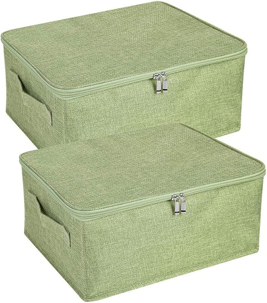 ANMINY 2PCS Storage Bins with Zipper Lids 13 Qt Lidded Fabric Storage Boxes Baskets Cubes with Handles Collapsible Washable Cotton Linen Closet Shelf Clothes Organizer Containers - Green, Small