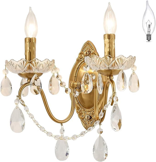 Crystal Wall Sconce, Gold Wall Sconces, Gold Sconces Wall Set of 2, for Living Room, Bedroom, Bathroom,Vanity