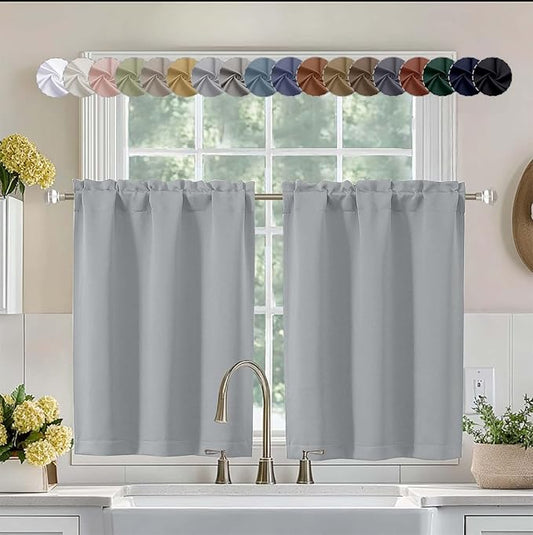 Aiyufeng Silver Grey Short 36 Inches Blackout Curtain 2 Panels Set, Half Window Rod Pocket Privacy Curtain Tiers for Kitchen, Curtains Blackout for Bathroom Shades, W40 x L36 Inch, Silver Grey