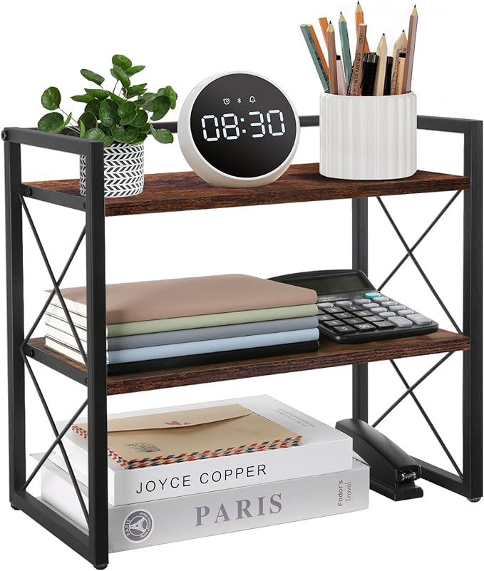 YINMIT Desktop Shelf Organizer, 2 Tier Office Shelves, Wood Desk Organizer Storage Rack and Freestanding Display Shelf for Office, Dormitory, Home (Brown)