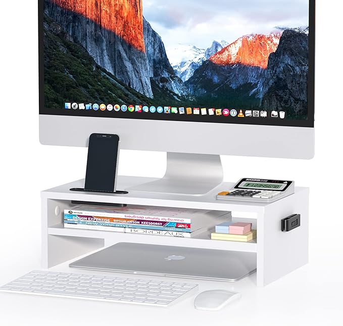 BONTEC Wooden Monitor Stand Riser, 2-Tier Desk Shelf with Storage Organizer, Ergonomic Computer Stand with Cable Management, Cellphone Holder, White, 16.5 Inch