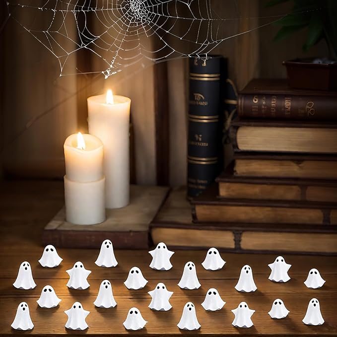 50Pcs Mini Resin Ghosts, Small Ghost Figurines, Tiny Halloween Miniatures for Spooky Tiered Tray Decor, Vase Filler, Home Tabletop Shelf Centerpieces, Party Favors Gift